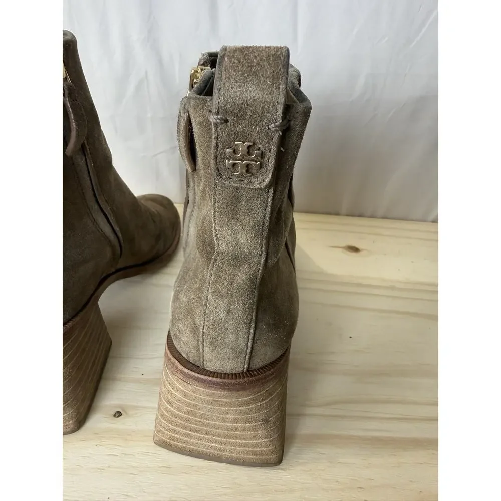 Tory Burch Women’s Brown Suede Ankle Boots, Wood Block Heel, Size 7.5